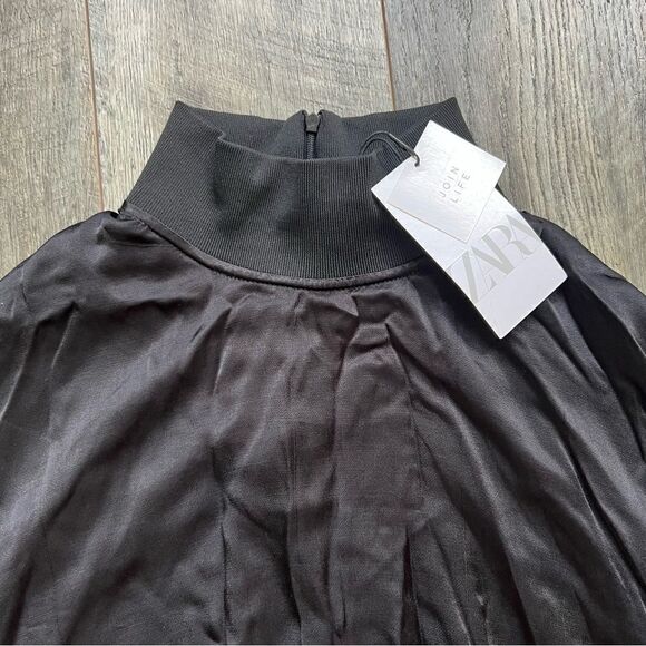NWT Zara Black Satin Effect Long Sleeve Mock Neck Top Size XS Zipper Turtleneck - Picture 12 of 16